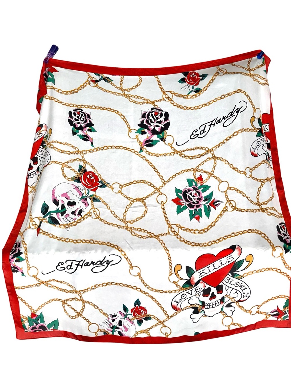 Ed Hardy Black & White 43” x 43” Checkered Skull Rose Print Scarf
